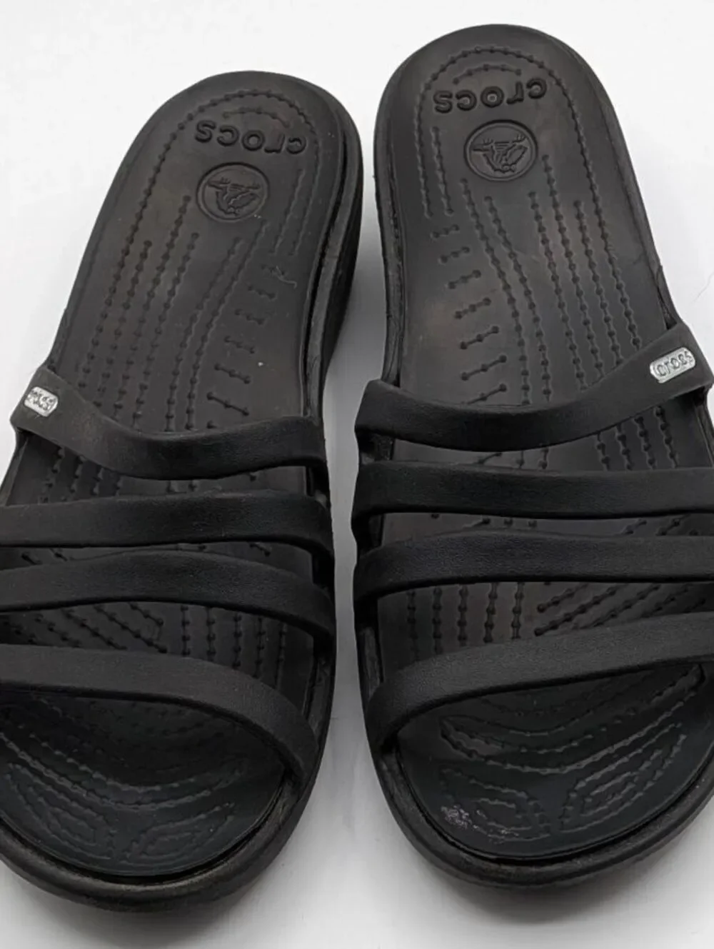 Crocs Size 7 $60 Black Huarache Strappy Comfort Slide Sandals Casual Lightweight